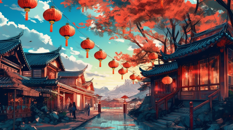 大唐芙蓉园中国风古风城市房屋建筑街道上悬挂着一排灯笼横版,插画/手绘图,插画/手绘图库,插画/手绘图下载,插画/手绘